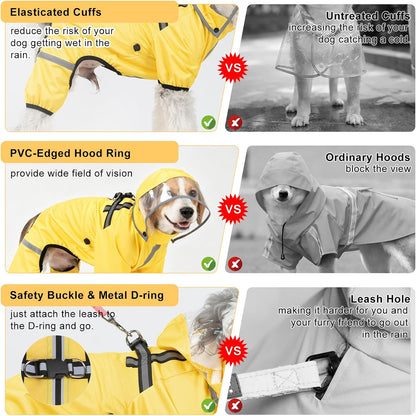 Dog Raincoat, Waterproof Zip-Up Dog Rain Jacket w/Detachable Hood