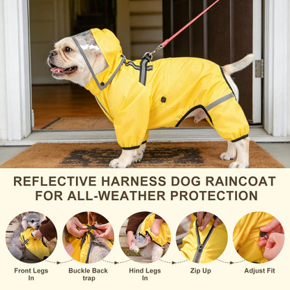 Dog Raincoat, Waterproof Zip-Up Dog Rain Jacket w/Detachable Hood
