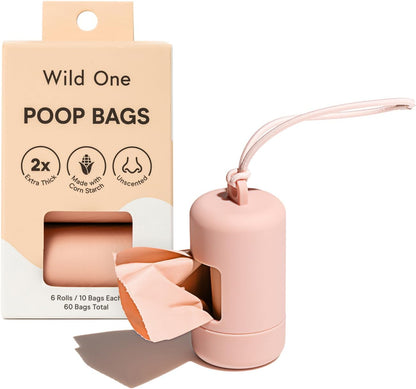 Dog Poop Bag Holder and Dispenser with Leash Attachment, Leak Proof, Easy Twist Top for Refills, Includes 1 Roll Bags, Blush