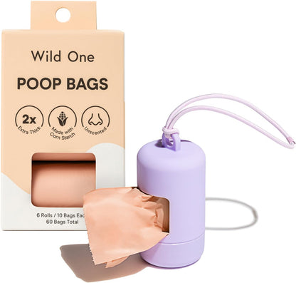Dog Poop Bag Holder and Dispenser with Leash Attachment, Leak Proof, Easy Twist Top for Refills, Includes 1 Roll Bags, Blush