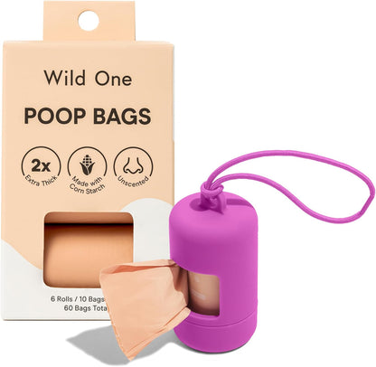 Dog Poop Bag Holder and Dispenser with Leash Attachment, Leak Proof, Easy Twist Top for Refills, Includes 1 Roll Bags, Blush