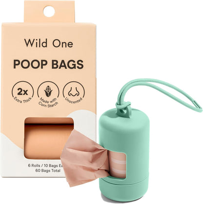 Dog Poop Bag Holder and Dispenser with Leash Attachment, Leak Proof, Easy Twist Top for Refills, Includes 1 Roll Bags, Blush