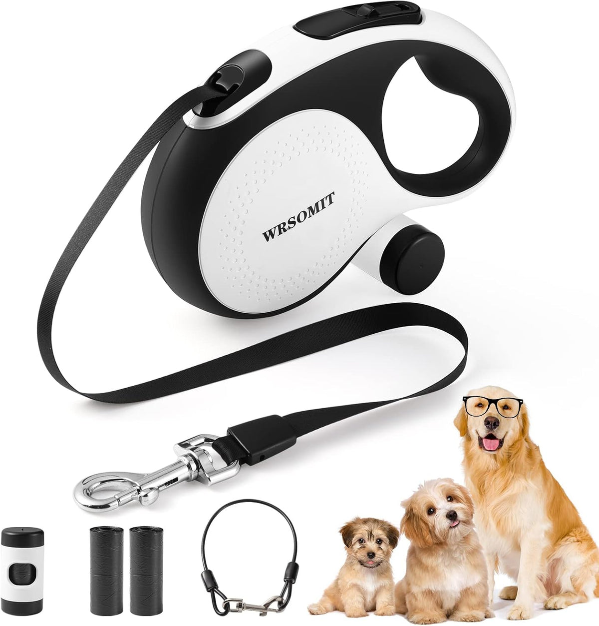 26 Ft Retractable Dog Leash with Chew Proof Cable - White