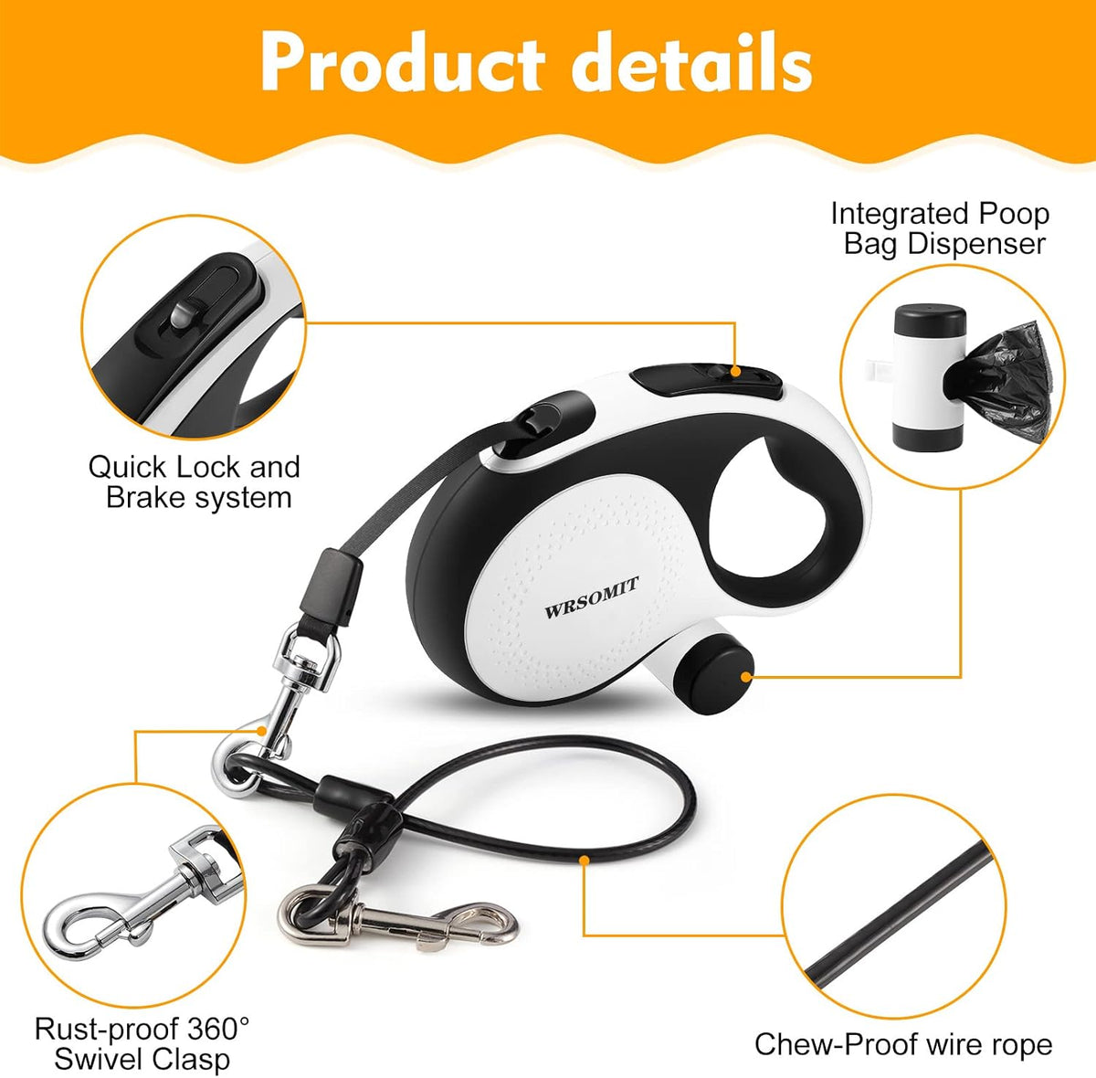 26 Ft Retractable Dog Leash with Chew Proof Cable - White