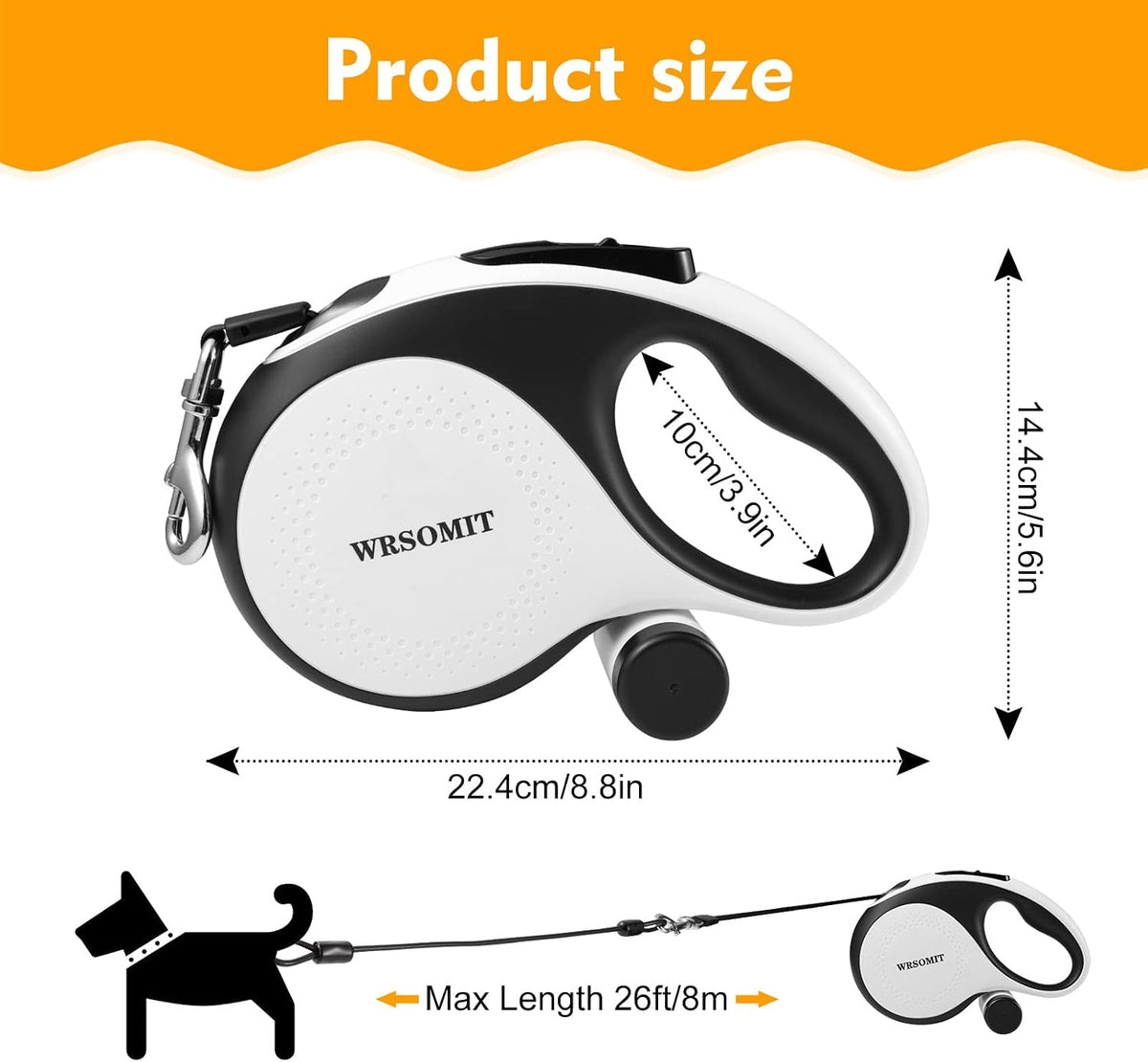26 Ft Retractable Dog Leash with Chew Proof Cable - White