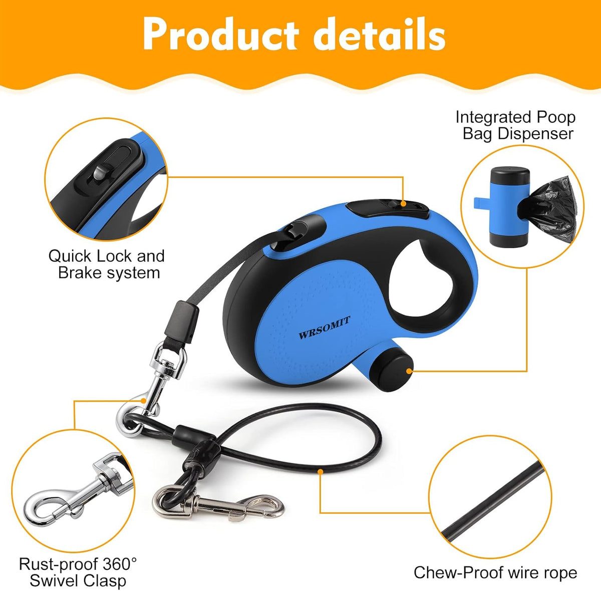 26 Ft Retractable Dog Leash with Chew Proof Cable - White