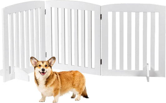 Freestanding Pet Gate for Dogs - 4 Panels Indoor Foldable Dog Fence for Stairs, Hallways, or Doorways - 82x24-Inch Freestanding Dog Gates, Brown