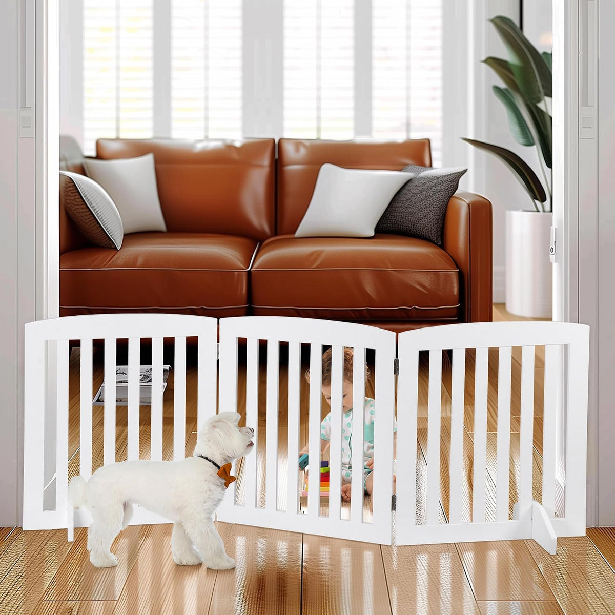 Freestanding Pet Gate for Dogs - 4 Panels Indoor Foldable Dog Fence for Stairs, Hallways, or Doorways - 82x24-Inch Freestanding Dog Gates, Brown
