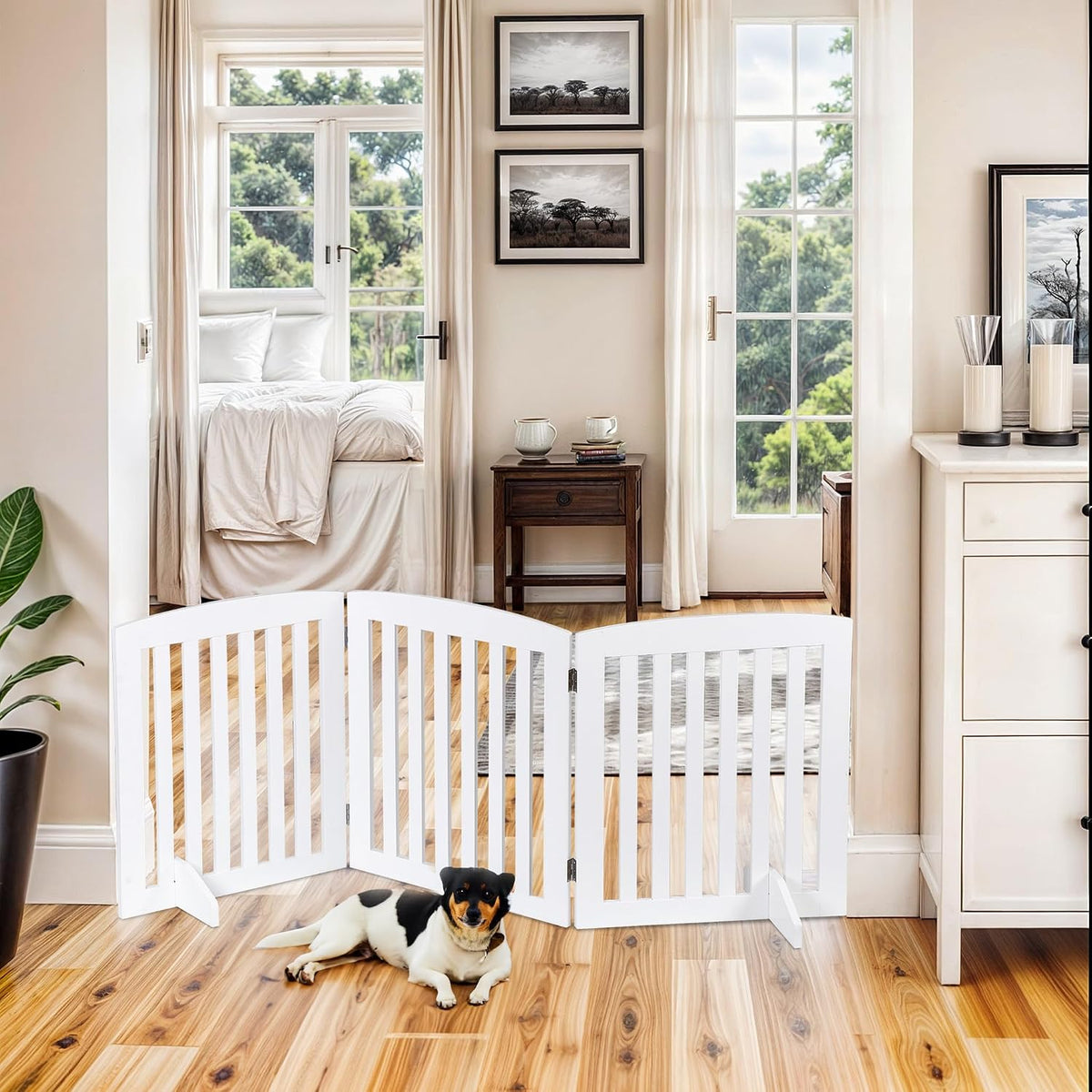 Freestanding Pet Gate for Dogs - 4 Panels Indoor Foldable Dog Fence for Stairs, Hallways, or Doorways - 82x24-Inch Freestanding Dog Gates, Brown