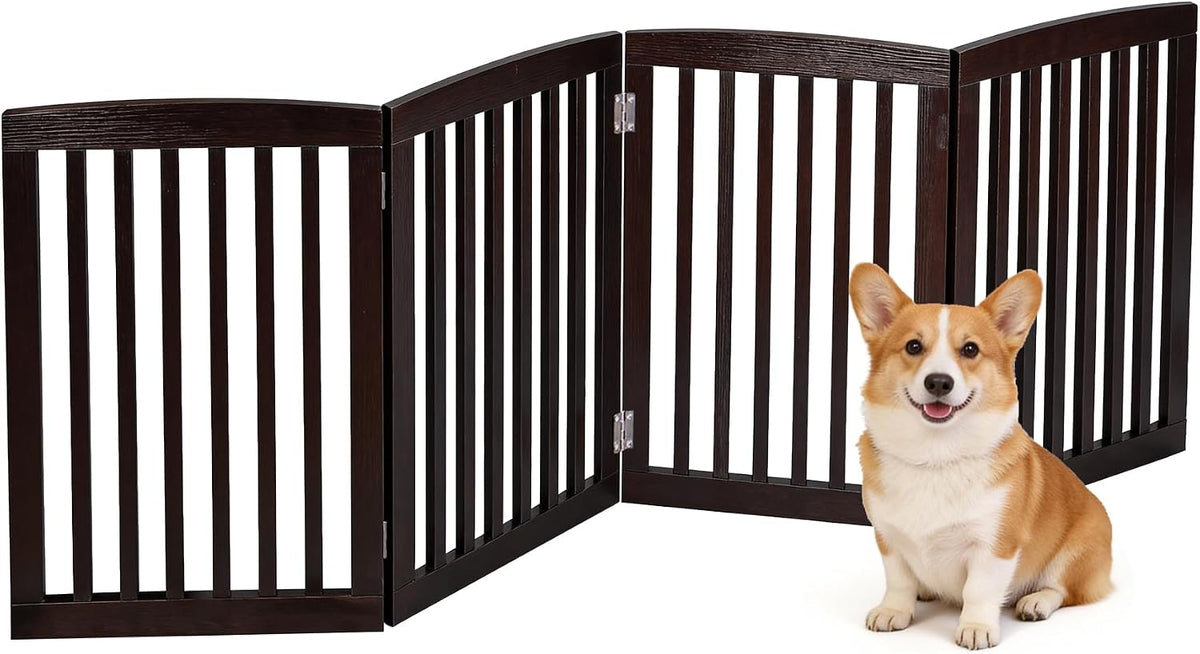 Freestanding Pet Gate for Dogs - 4 Panels Indoor Foldable Dog Fence for Stairs, Hallways, or Doorways - 82x24-Inch Freestanding Dog Gates, Brown