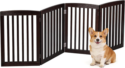 Freestanding Pet Gate for Dogs - 4 Panels Indoor Foldable Dog Fence for Stairs, Hallways, or Doorways - 82x24-Inch Freestanding Dog Gates, Brown