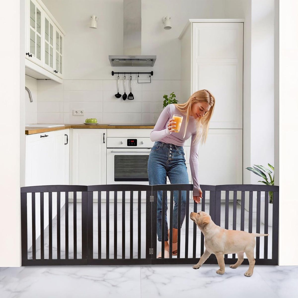 Freestanding Pet Gate for Dogs - 4 Panels Indoor Foldable Dog Fence for Stairs, Hallways, or Doorways - 82x24-Inch Freestanding Dog Gates, Brown