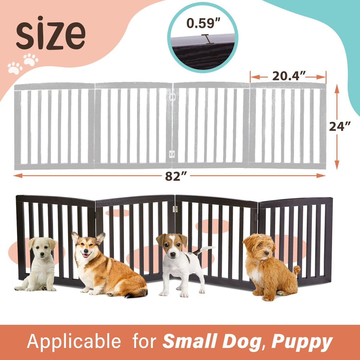 Freestanding Pet Gate for Dogs - 4 Panels Indoor Foldable Dog Fence for Stairs, Hallways, or Doorways - 82x24-Inch Freestanding Dog Gates, Brown