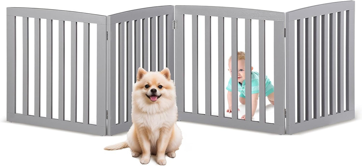 Freestanding Pet Gate for Dogs - 4 Panels Indoor Foldable Dog Fence for Stairs, Hallways, or Doorways - 82x24-Inch Freestanding Dog Gates, Brown
