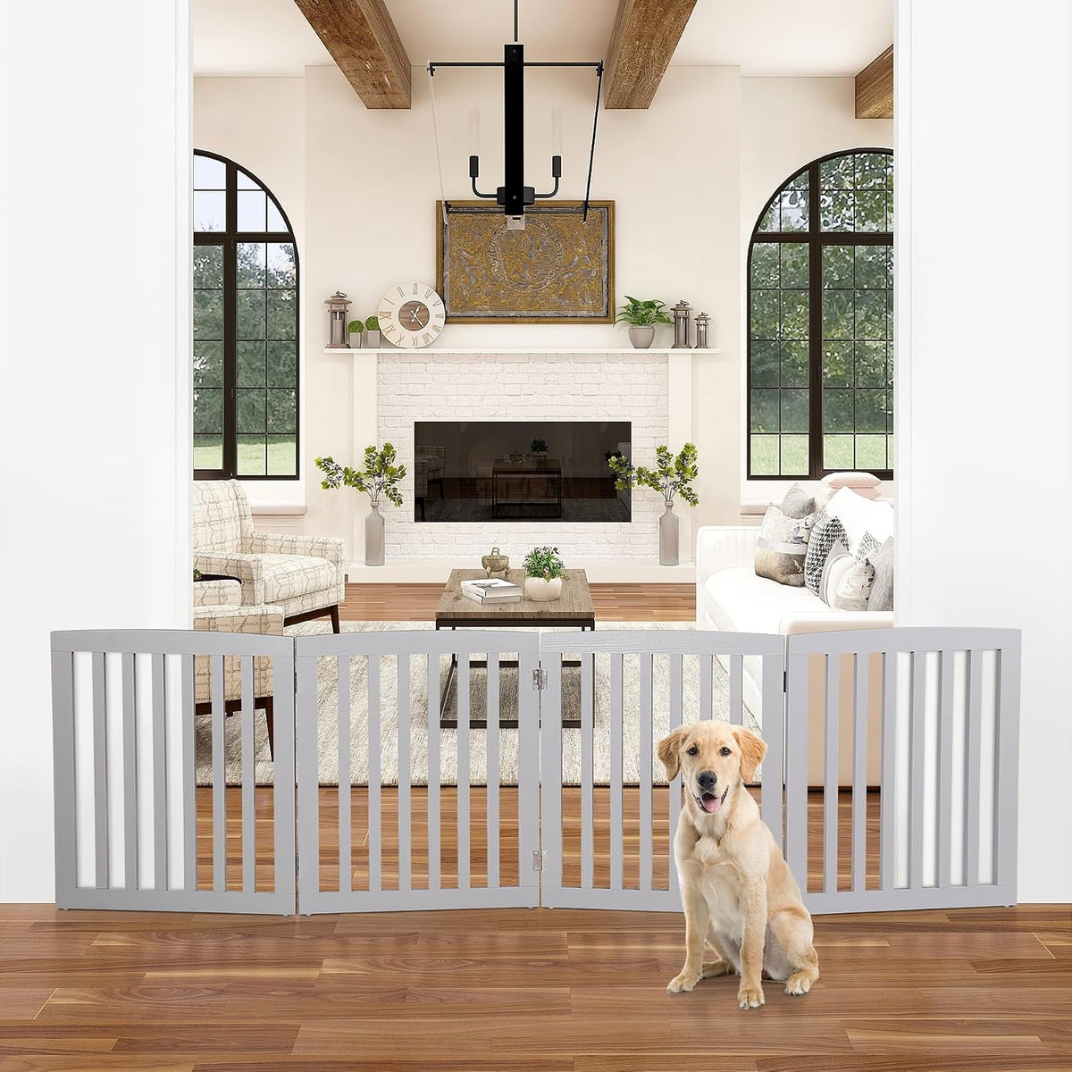Freestanding Pet Gate for Dogs - 4 Panels Indoor Foldable Dog Fence for Stairs, Hallways, or Doorways - 82x24-Inch Freestanding Dog Gates, Brown