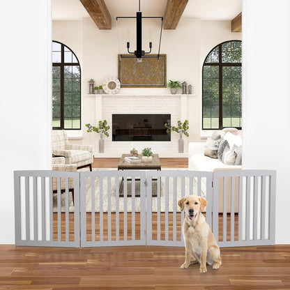 Freestanding Pet Gate for Dogs - 4 Panels Indoor Foldable Dog Fence for Stairs, Hallways, or Doorways - 82x24-Inch Freestanding Dog Gates, Brown