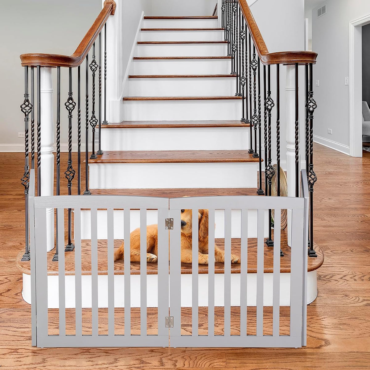 Freestanding Pet Gate for Dogs - 4 Panels Indoor Foldable Dog Fence for Stairs, Hallways, or Doorways - 82x24-Inch Freestanding Dog Gates, Brown