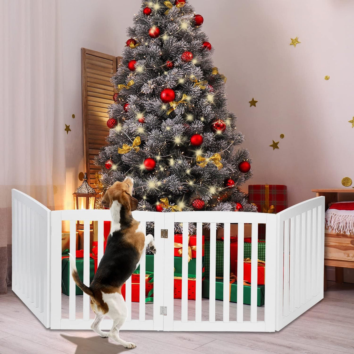 Freestanding Pet Gate for Dogs - 4 Panels Indoor Foldable Dog Fence for Stairs, Hallways, or Doorways - 82x24-Inch Freestanding Dog Gates, Brown