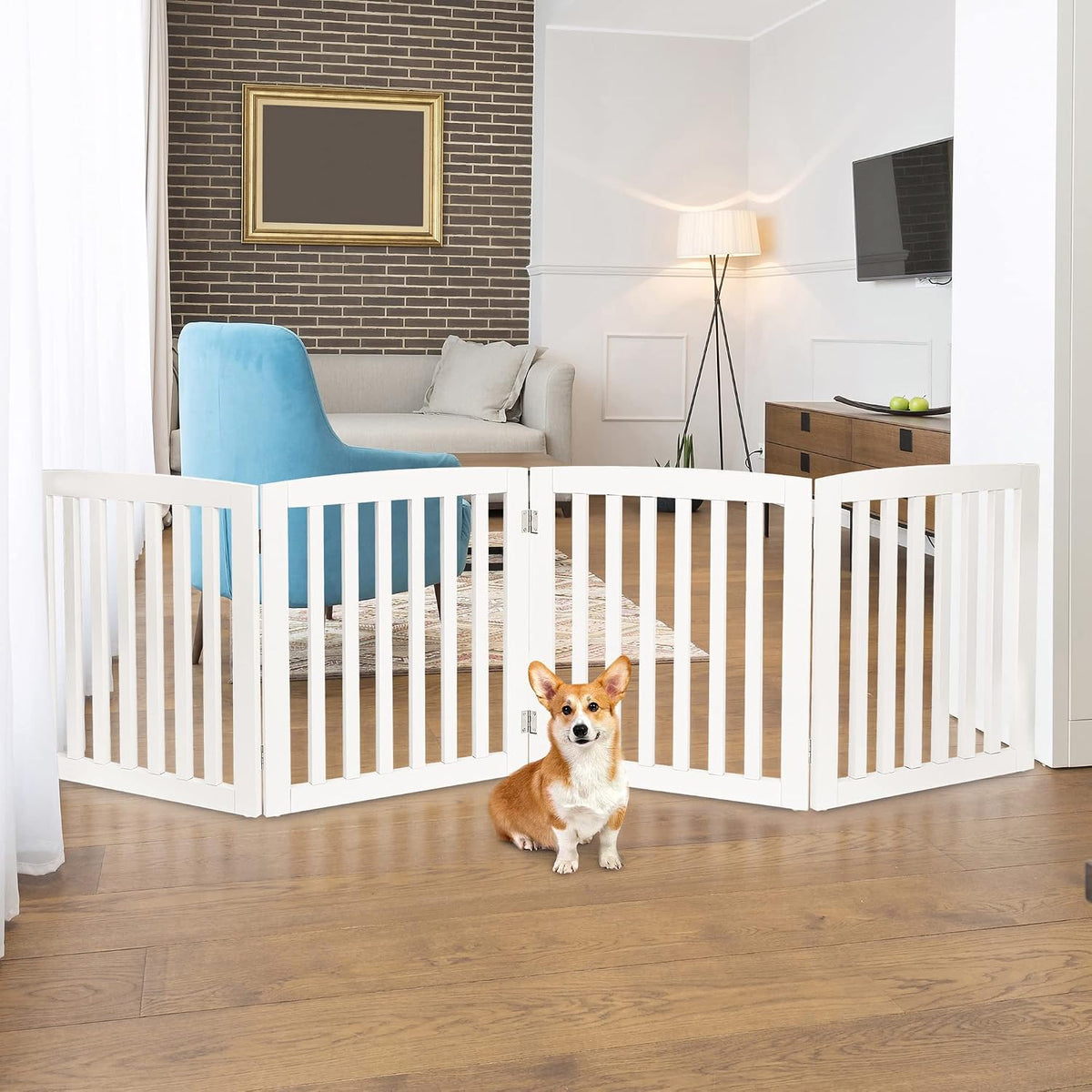 Freestanding Pet Gate for Dogs - 4 Panels Indoor Foldable Dog Fence for Stairs, Hallways, or Doorways - 82x24-Inch Freestanding Dog Gates, Brown