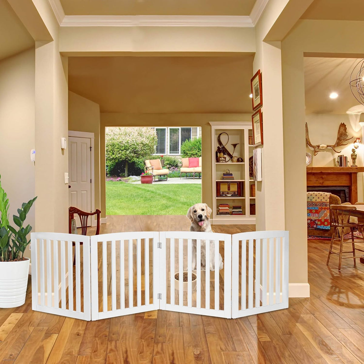 Freestanding Pet Gate for Dogs - 4 Panels Indoor Foldable Dog Fence for Stairs, Hallways, or Doorways - 82x24-Inch Freestanding Dog Gates, Brown