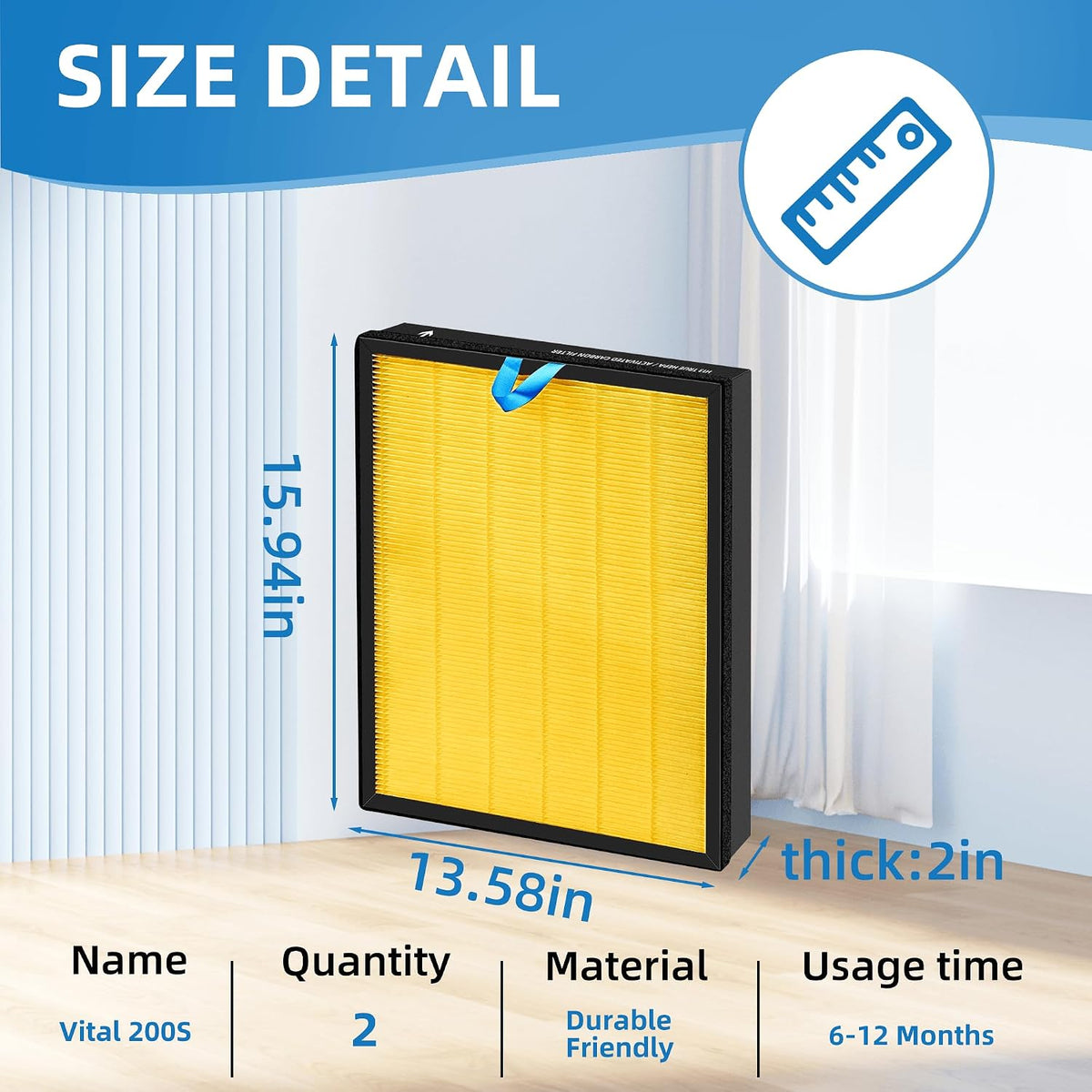 Vital 200S Pet Allergy Replacement Filter for LEVOIT 200S and Vital 200S-P Air Purifier, 3-in-1 Filter, Activated Carbon Filter,Replaces Vital 200S-RF-PA, 2 Packs, Yellow