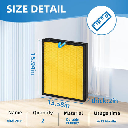 Vital 200S Pet Allergy Replacement Filter for LEVOIT 200S and Vital 200S-P Air Purifier, 3-in-1 Filter, Activated Carbon Filter,Replaces Vital 200S-RF-PA, 2 Packs, Yellow