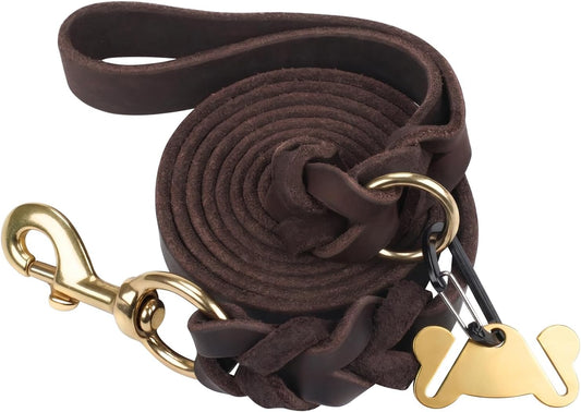 Leather Dog Leash for Large Medium Dogs, Hand-Braided, 6FT Brown