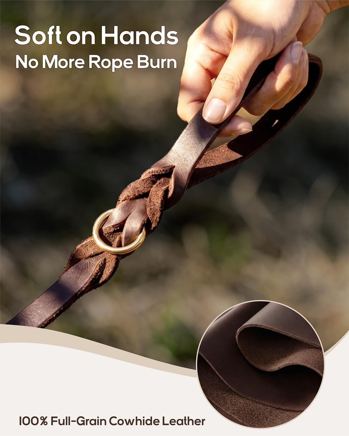 Leather Dog Leash for Large Medium Dogs, Hand-Braided, 6FT Brown