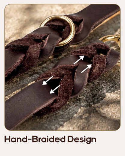Leather Dog Leash for Large Medium Dogs, Hand-Braided, 6FT Brown