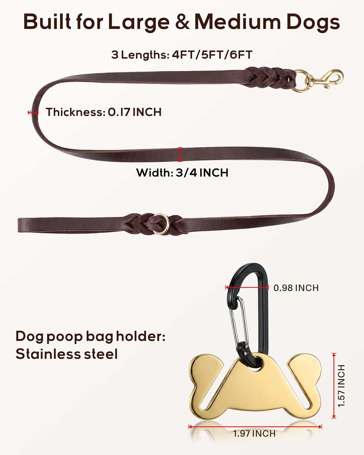 Leather Dog Leash for Large Medium Dogs, Hand-Braided, 6FT Brown