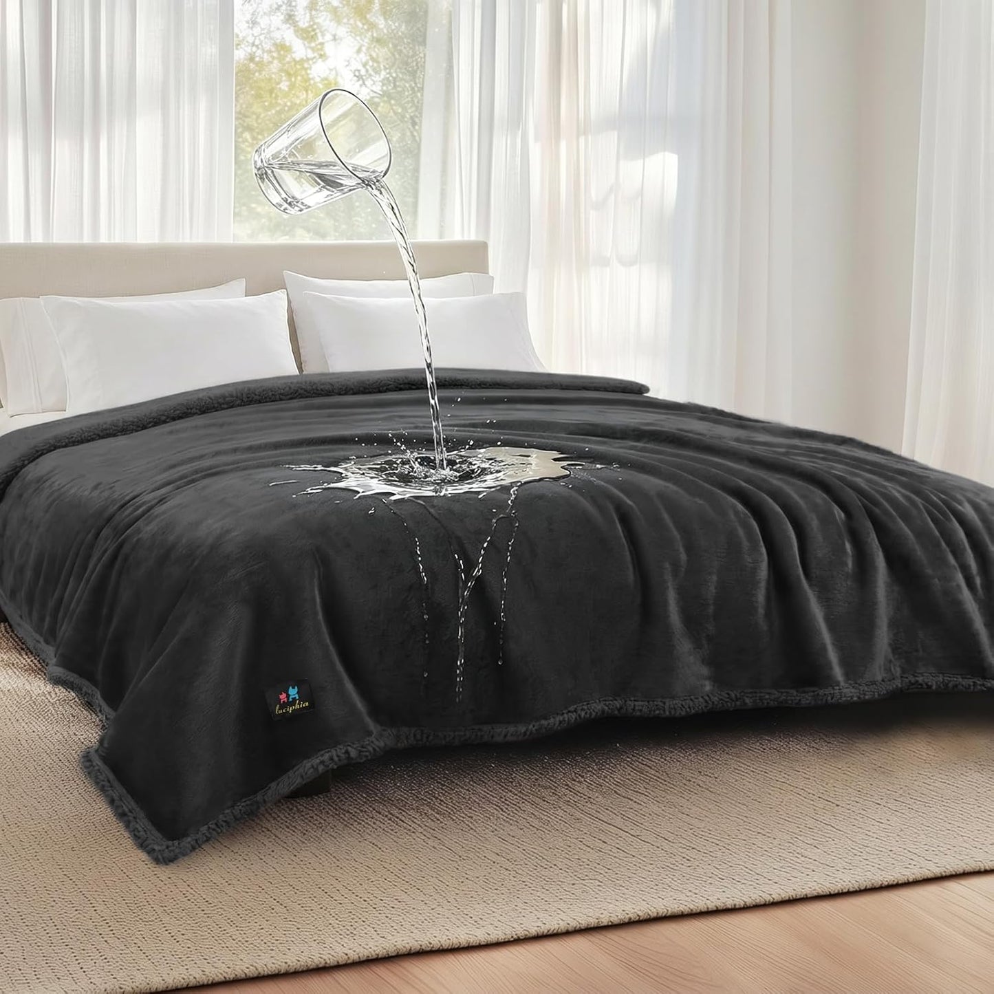 Luciphia Waterproof Pet Blanket, Liquid Pee Proof Dog Blanket for Sofa Bed Couch, Reversible Sherpa Fleece Furniture Protector Cover for Small Medium Large Dogs Cats, Dark Gray X-Large（85" x 57"）