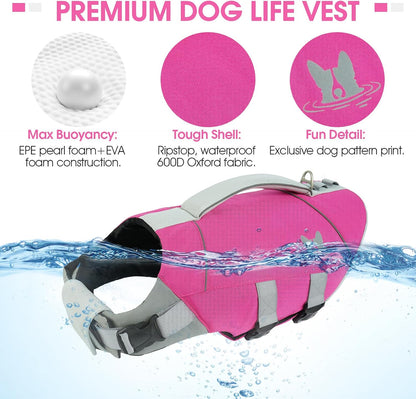 Dog Life Jacket Large, Dog Life Vest for Swimming Boating-High Buoyancy Dogs Swim Vest with Rescue Handle D-Ring Reflective Adjustable Ripstop Floating Lifejacket,Golden Retriever,Rose Red,2XL