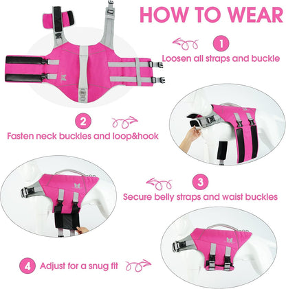 Dog Life Jacket Large, Dog Life Vest for Swimming Boating-High Buoyancy Dogs Swim Vest with Rescue Handle D-Ring Reflective Adjustable Ripstop Floating Lifejacket,Golden Retriever,Rose Red,2XL