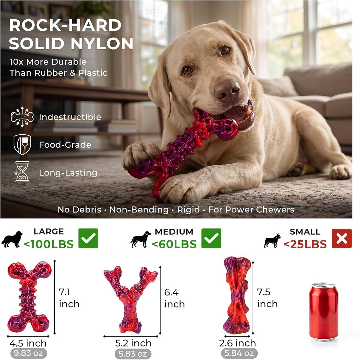 Kseroo 3-Pack Indestructible Dog Chew Toys for Aggressive Chewers,25-100lbs | Bacon Flavored Rock-Hard Solid Nylon Dog Bones for Medium & Large Breeds, Keeps Them Busy, Dental Textured, Long Lasting - XL