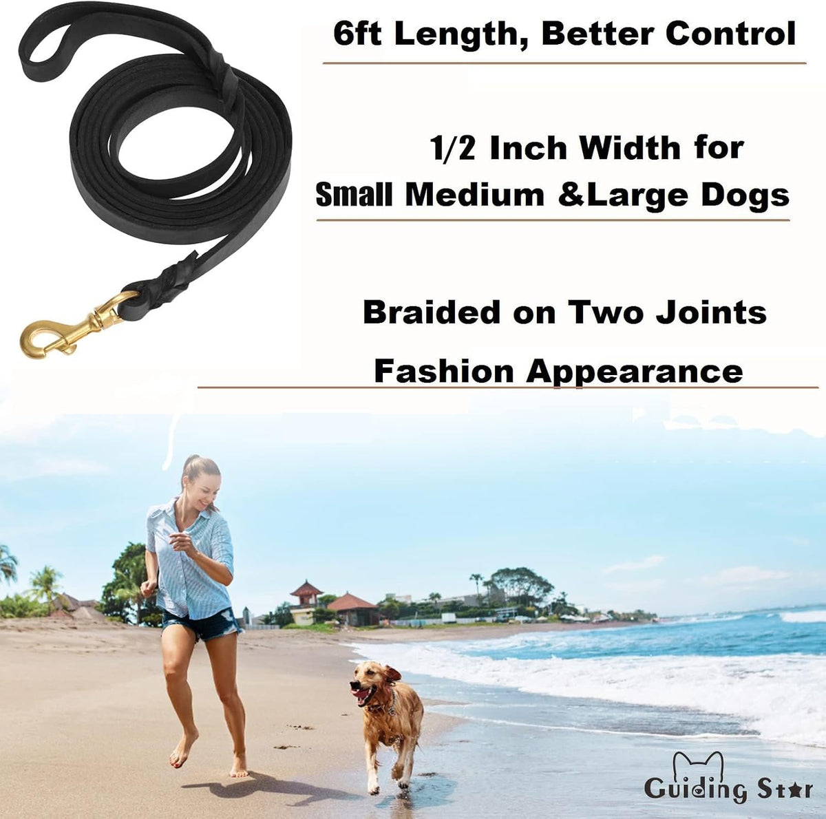 Leather Dog Leash 6ft x 3/4 inch Heavy Duty Training Leash