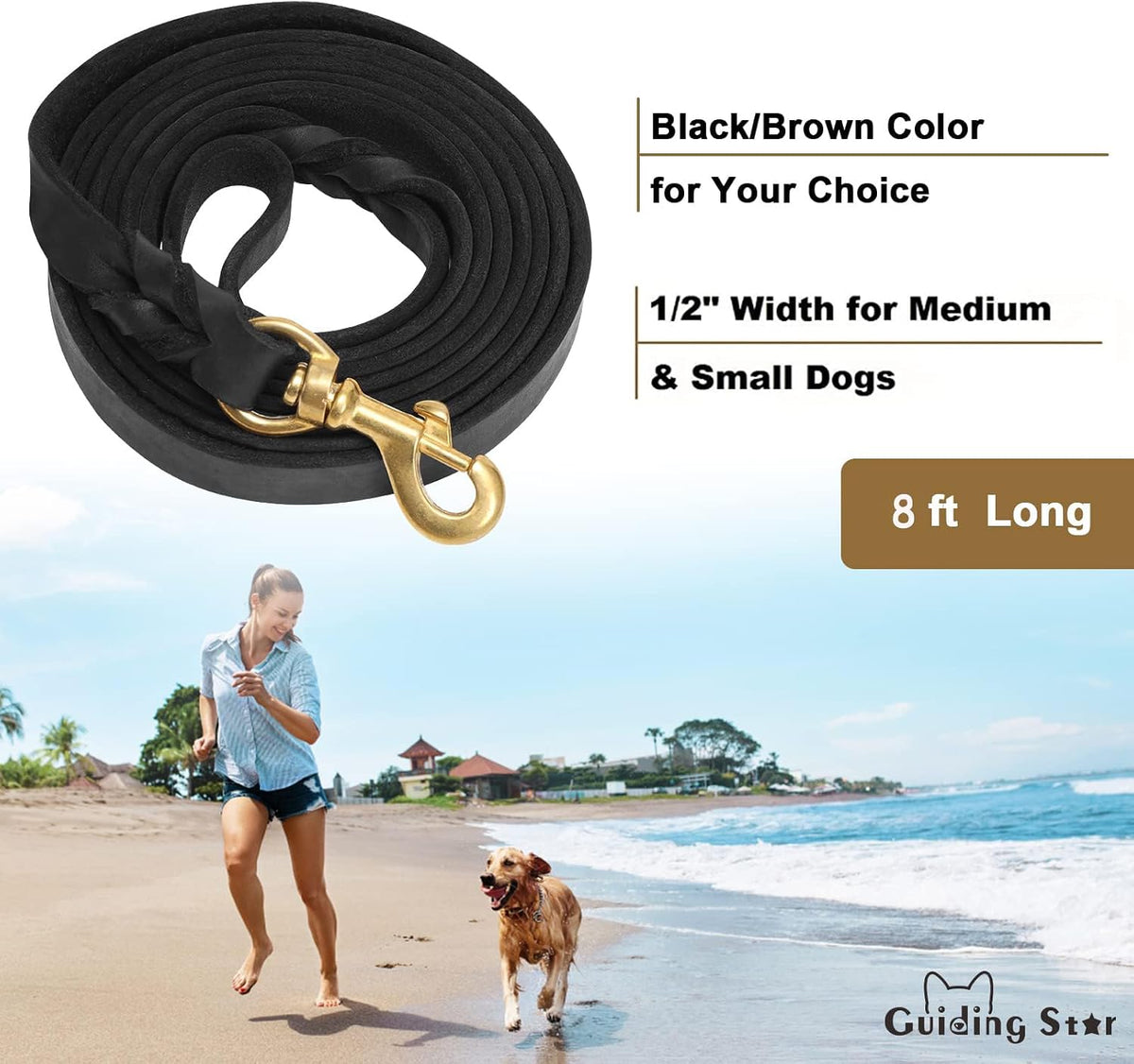 Leather Dog Leash 6ft x 3/4 inch Heavy Duty Training Leash
