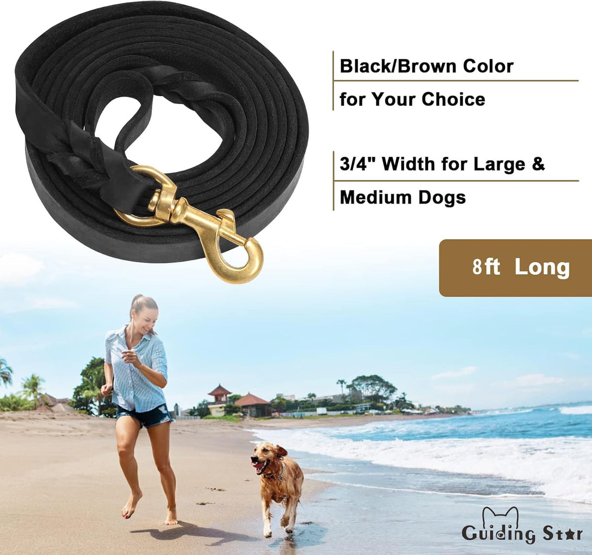 Leather Dog Leash 6ft x 3/4 inch Heavy Duty Training Leash