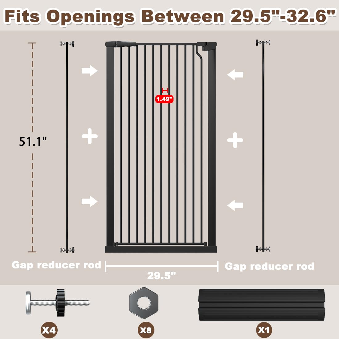 51.18" Extra Tall Cat Gate for Doorway, Adjustable 29.5"-32.6" Wide Pressure Mounted Dog Gate Indoor for Stairs, Child Safety Gate Metal Auto Close Baby Gate for Pet Kid Walk Through, White