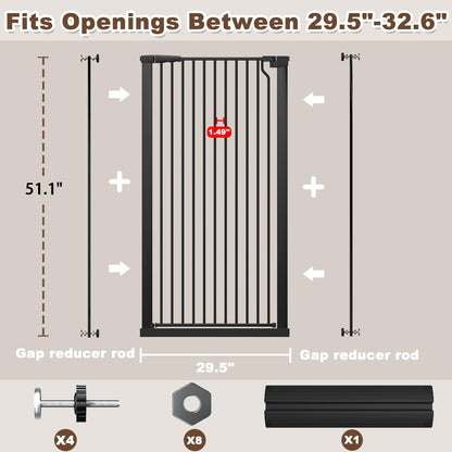 51.18" Extra Tall Cat Gate for Doorway, Adjustable 29.5"-32.6" Wide Pressure Mounted Dog Gate Indoor for Stairs, Child Safety Gate Metal Auto Close Baby Gate for Pet Kid Walk Through, White
