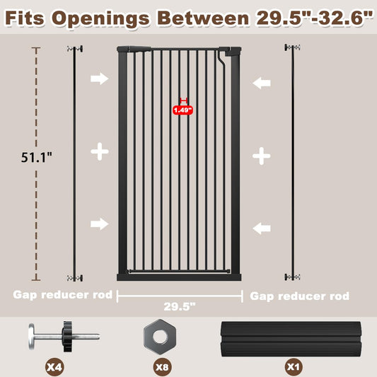 51.18" Extra Tall Cat Gate for Doorway, Adjustable 29.5"-32.6" Wide Pressure Mounted Dog Gate Indoor for Stairs, Child Safety Gate Metal Auto Close Baby Gate for Pet Kid Walk Through, White