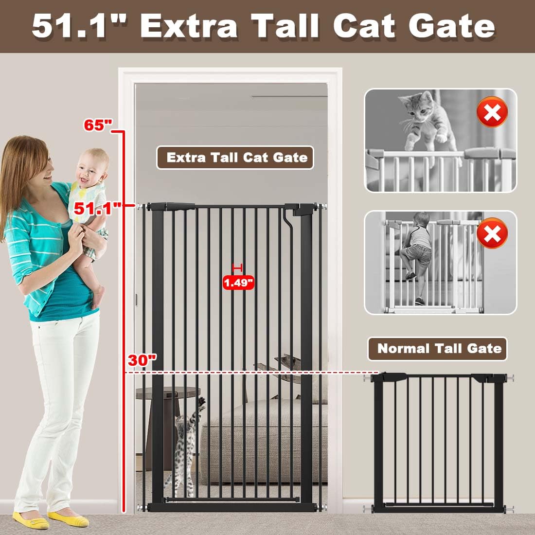 51.18" Extra Tall Cat Gate for Doorway, Adjustable 29.5"-32.6" Wide Pressure Mounted Dog Gate Indoor for Stairs, Child Safety Gate Metal Auto Close Baby Gate for Pet Kid Walk Through, White