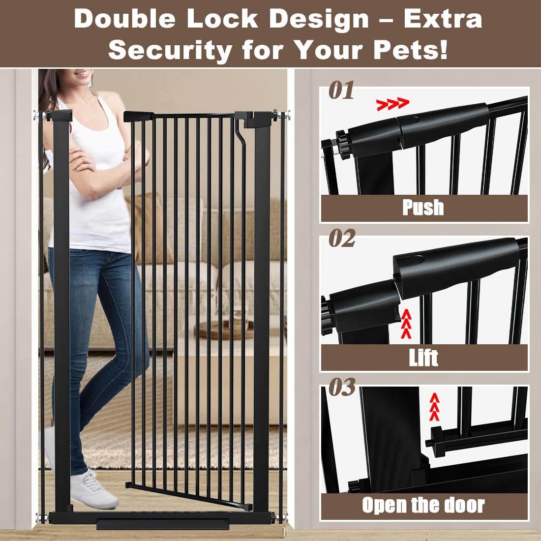 51.18" Extra Tall Cat Gate for Doorway, Adjustable 29.5"-32.6" Wide Pressure Mounted Dog Gate Indoor for Stairs, Child Safety Gate Metal Auto Close Baby Gate for Pet Kid Walk Through, White