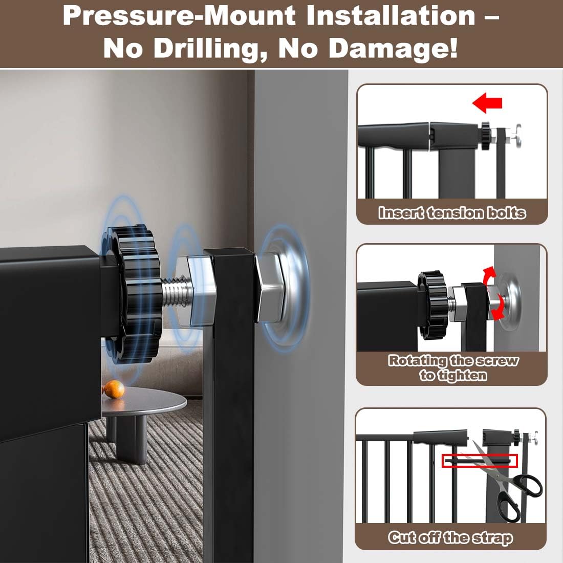 51.18" Extra Tall Cat Gate for Doorway, Adjustable 29.5"-32.6" Wide Pressure Mounted Dog Gate Indoor for Stairs, Child Safety Gate Metal Auto Close Baby Gate for Pet Kid Walk Through, White