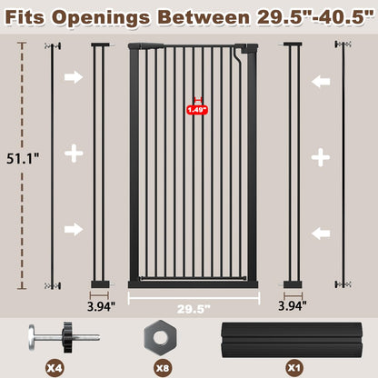 51.18" Extra Tall Cat Gate for Doorway, Adjustable 29.5"-32.6" Wide Pressure Mounted Dog Gate Indoor for Stairs, Child Safety Gate Metal Auto Close Baby Gate for Pet Kid Walk Through, White