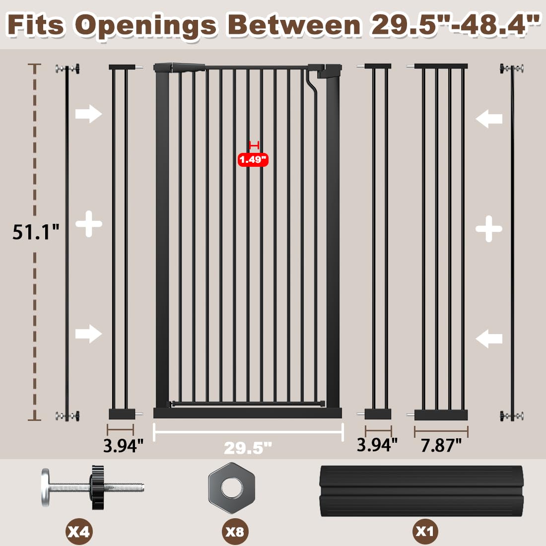 51.18" Extra Tall Cat Gate for Doorway, Adjustable 29.5"-32.6" Wide Pressure Mounted Dog Gate Indoor for Stairs, Child Safety Gate Metal Auto Close Baby Gate for Pet Kid Walk Through, White