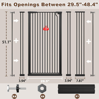 51.18" Extra Tall Cat Gate for Doorway, Adjustable 29.5"-32.6" Wide Pressure Mounted Dog Gate Indoor for Stairs, Child Safety Gate Metal Auto Close Baby Gate for Pet Kid Walk Through, White