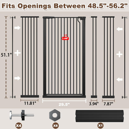 51.18" Extra Tall Cat Gate for Doorway, Adjustable 29.5"-32.6" Wide Pressure Mounted Dog Gate Indoor for Stairs, Child Safety Gate Metal Auto Close Baby Gate for Pet Kid Walk Through, White
