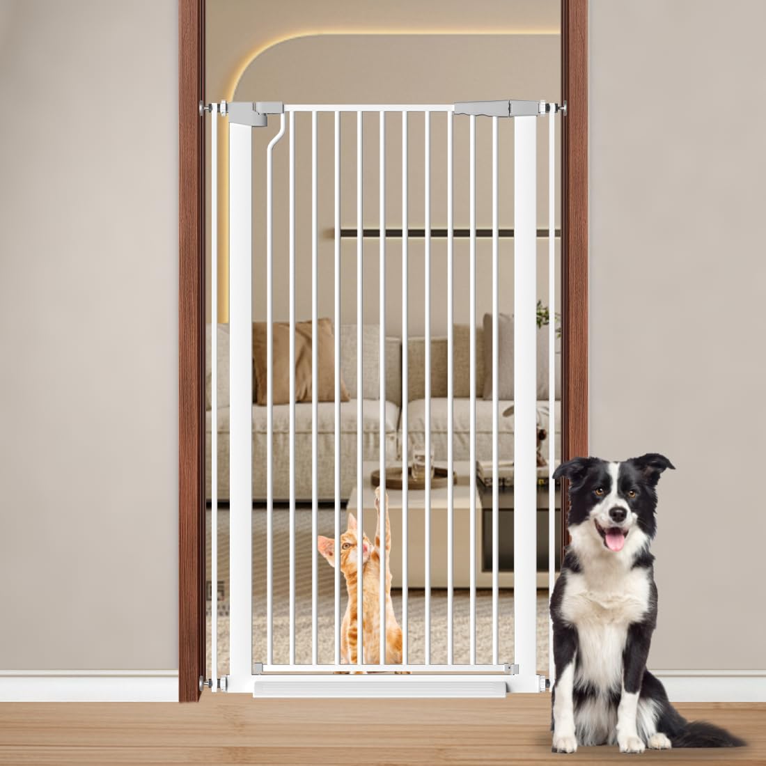 51.18" Extra Tall Cat Gate for Doorway, Adjustable 29.5"-32.6" Wide Pressure Mounted Dog Gate Indoor for Stairs, Child Safety Gate Metal Auto Close Baby Gate for Pet Kid Walk Through, White