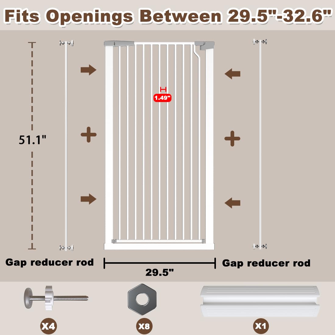 51.18" Extra Tall Cat Gate for Doorway, Adjustable 29.5"-32.6" Wide Pressure Mounted Dog Gate Indoor for Stairs, Child Safety Gate Metal Auto Close Baby Gate for Pet Kid Walk Through, White