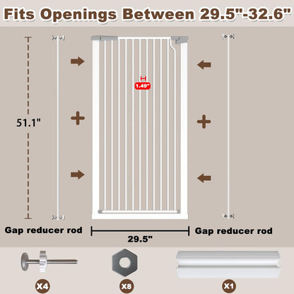 51.18" Extra Tall Cat Gate for Doorway, Adjustable 29.5"-32.6" Wide Pressure Mounted Dog Gate Indoor for Stairs, Child Safety Gate Metal Auto Close Baby Gate for Pet Kid Walk Through, White